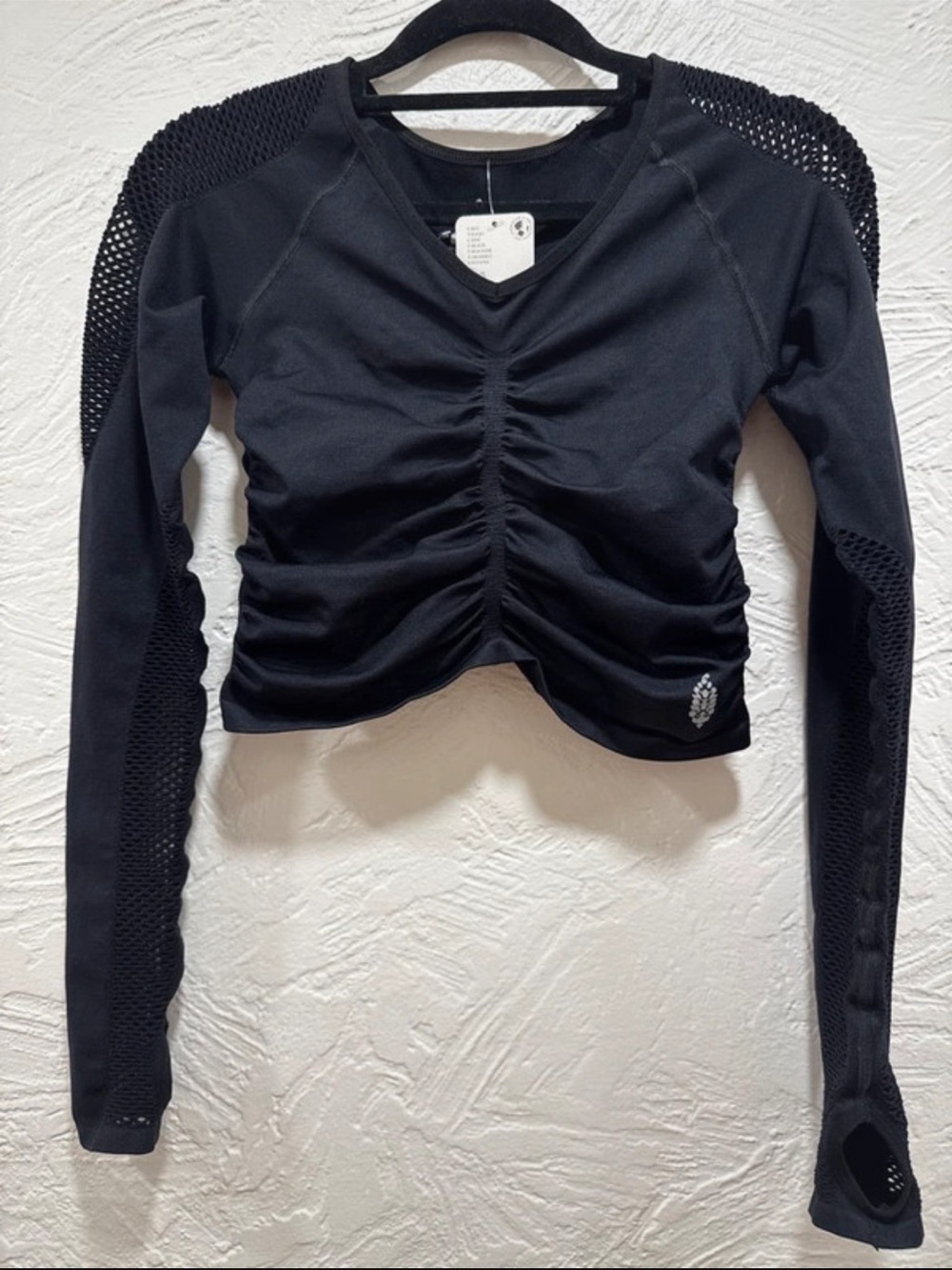 FP Movement by Free People Black Ruched V-Neck Long-Sleeve Crop Top